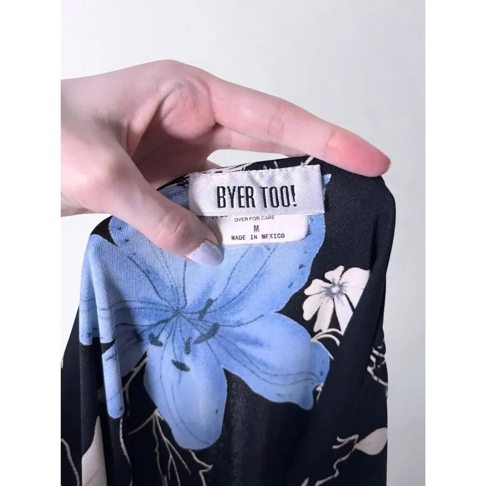 Vtg Y2K Byer Too Black Sleeveless Surplice Wrap Dress Blue Floral Print Size M